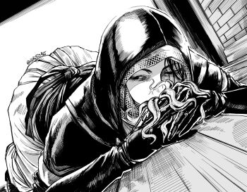 1girl black_capelet black_gloves black_hood capelet coif commentary elbow_gloves elden_ring elden_ring_nightreign english_commentary gloves greyscale hair_over_one_eye highres hirotoart looking_to_the_side monochrome mouth_tentacles own_hands_clasped own_hands_together solo tentacle_tongue top-down_bottom-up twitter_username undertaker_(elden_ring) white_coif