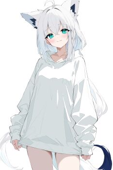 1girl ahoge animal_ear_fluff animal_ears blush closed_mouth cowboy_shot fox_ears fox_girl fox_tail green_eyes highres hololive hood hood_down hoodie koko_(user_hktv5235) long_hair looking_at_viewer shirakami_fubuki simple_background sleeves_past_wrists smile solo tail virtual_youtuber white_background white_hair white_hoodie