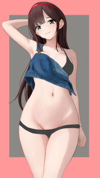 1girl absurdres arm_behind_head arm_up armpits bare_arms bare_shoulders bikini bikini_bottom_pull black_bikini breasts brown_hair closed_mouth collarbone commentary_request cowboy_shot denim gibun_(sozoshu) green_eyes grey_background groin hairband head_tilt highres long_hair looking_at_viewer medium_breasts navel original pink_background red_hairband smile solo swimsuit thigh_gap two-tone_background very_long_hair