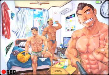 3boys abs absurdres air_conditioner amazon_(company) apartment bag ball bara bed bed_sheet biceps bird black_eyes black_hair blue_briefs blue_male_underwear blush book bottle box boxer_briefs boxer_briefs_writing brand_name_imitation briefs briefs_writing brown_hair cat chest_hair clock closed_eyes clothes_writing cloud cloudy_sky collared_jacket curtains day drinking electric_fan facial_hair fence flag foreskin grabbing grocery_bag hairy hand_on_own_hip hat highres iron_fence jacket large_pectorals leg_hair long_sideburns looking_at_viewer magazine_(object) male_focus male_underwear male_underwear_writing manly mature_male multicolored_hair multiple_boys muscular muscular_arms muscular_legs muscular_male navel navel_hair nipples no_pants on_bed one_eye_closed open_window original paper pectorals petting phimosis pillow plant poster_(object) potted_plant print_boxer_briefs print_male_underwear recording red_eyes selfie_stick shelf shirt shopping_bag short_hair sideburns sitting sky smile snack soccer_ball socks spiked_hair spread_legs striped_boxer_briefs striped_male_underwear stubble stuffed_toy suamaru surprised sweat sweatdrop t-shirt tan teeth television thick_eyebrows thighs topless_male underwear underwear_only underwear_writing unworn_socks v water water_bottle white_male_underwear white_socks window wooden_floor yaoi yellow_eyes