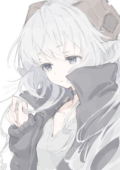Rule 34 | 1girl, animal ears, blue eyes, brown horns, choker, coat, collarbone, copyright name, english text, eyelashes, grey choker, grey coat, grey hair, hair between eyes, horns, kinutani yutaka, long hair, long sleeves, open clothes, open coat, orange pupils, original, parted lips, playing with own hair, sheep ears, sheep girl, sheep horns, signature, simple background, sleeves past wrists, solo, upper body, white background