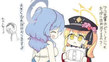 1boy 2girls ako_(blue_archive) backless_outfit blonde_hair blue_archive blue_hair blush breasts closed_eyes commentary_request doodle_sensei_(blue_archive) drawing_(object) dress halo hat ibuki_(blue_archive) large_breasts long_hair military_hat miranofuudoria multiple_girls official_alternate_costume open_mouth revision sensei_(blue_archive) sideboob simple_background sweat translation_request white_background