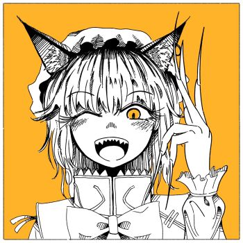 1girl ;d animal_ears bow bowtie cat_ears cat_girl chen commentary_request fingernails hat highres long_fingernails looking_at_viewer miso_konbu mob_cap one_eye_closed open_mouth orange_background orange_eyes sharp_teeth short_hair simple_background smile solo teeth touhou upper_body upper_teeth_only