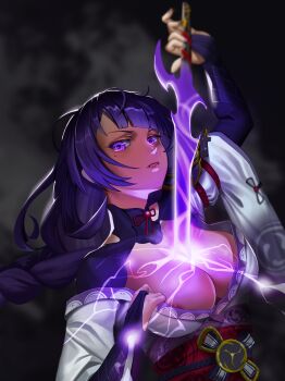 1girl absurdres akaka arm_up blurry blurry_background braid breasts bridal_gauntlets cleavage clothing_cutout commentary electricity english_commentary genshin_impact glowing glowing_sword glowing_weapon grey_background highres holding holding_sword holding_weapon huge_breasts human_scabbard japanese_clothes katana kimono long_braid looking_at_viewer mole mole_under_eye neck_ribbon nipple_slip nipples off_shoulder parted_lips pink_lips purple_eyes purple_hair purple_kimono raiden_shogun red_ribbon red_sash ribbon sash shoulder_cutout single_braid solo sword upper_body weapon wide_sleeves