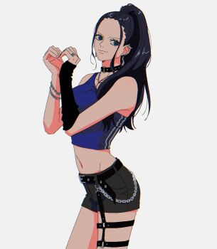 1girl black_shorts blue_eyes bracelet choker closed_mouth commentary cowboy_shot earrings eyelashes hdksz_39 heart heart_hands highres jewelry midriff navel nico_robin o-ring one_piece ponytail ring shorts sidelocks simple_background smile solo thigh_strap white_background