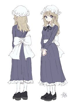 1girl black_ribbon black_shoes blonde_hair blue_dress blue_eyes bow closed_mouth dress dress_ribbon frills hair_between_eyes hat highres kashiwada_kiiho long_dress maribel_hearn medium_hair mob_cap multiple_views own_hands_together ribbon sash shoes signature simple_background socks solo touhou white_background white_bow white_hat