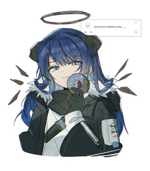 1girl arknights black_gloves black_halo black_horns black_jacket black_scarf blue_eyes blue_hair cropped_torso demon_horns donut energy_wings food fur-trimmed_hood fur_trim gloves hair_flowing_over halo hand_up highres holding holding_donut holding_food hood hooded_jacket horns jacket korean_text long_hair long_sleeves looking_at_viewer mostima_(arknights) request_inset scarf seri_(vyrlw) shirt sidelocks simple_background smile smug solo traditional_halo white_background white_shirt wide_sleeves