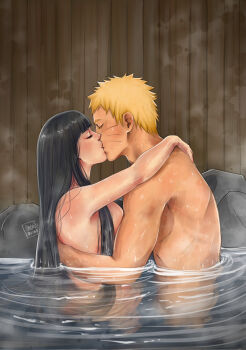 1boy 1girl black_hair blonde_hair blush breasts closed_eyes hyuuga_hinata kiss naruto_(series) naruto_shippuuden nude uzumaki_naruto