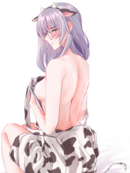 1girl animal_costume animal_ears animal_print back bare_back blush breasts closed_mouth commentary_request cow_costume cow_ears cow_girl cow_horns cow_print cow_tail embarrassed fake_animal_ears fake_horns fake_tail from_behind glasses green_eyes grey_hair heaven_burns_red horns izumi_yuki_(heaven_burns_red) large_breasts long_hair looking_at_viewer looking_back medium_breasts overalls risai round_eyewear sideboob simple_background sitting solo tail white_background yellow_eyes