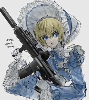 1girl aigis_(persona) ar-15 blonde_hair blue_bow blue_dress blue_eyes bonnet bow classic_lolita corset dress foregrip frilled_bonnet frilled_bow frilled_sleeves frills gloves gun hair_between_eyes harari highres holding holding_gun holding_weapon korean_text lolita_fashion long_sleeves looking_at_viewer optical_sight parted_lips persona persona_3 pixie_cut rifle simple_background solo suppressor translation_request vertical_foregrip weapon white_background white_bonnet white_corset white_gloves wide_sleeves