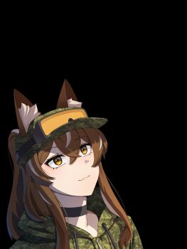 1girl :3 absurdres animal_ear_fluff animal_ears black_background black_choker brown_eyes brown_hair callisto_(greyeth) choker closed_mouth commentary commission crossed_bangs double-parted_bangs ears_through_headwear english_commentary fox_ears fox_girl gar32 goggles goggles_on_headwear green_hat green_jacket grey_streaks hair_between_eyes hat highres hood hood_down hooded_jacket jacket long_hair multicolored_hair original portrait second-party_source simple_background solo streaked_hair