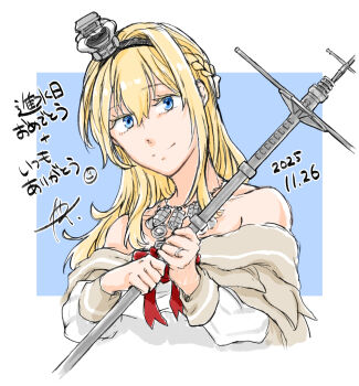 1girl black_hairband blonde_hair blue_eyes braid commentary crown dated dress hairband half_up_braid holding holding_scepter jewelry kantai_collection long_hair looking_at_viewer mini_crown necklace off-shoulder_dress off_shoulder scepter smile solo symbol-only_commentary translation_request warspite_(kancolle) white_dress yamada_rei_(rou)
