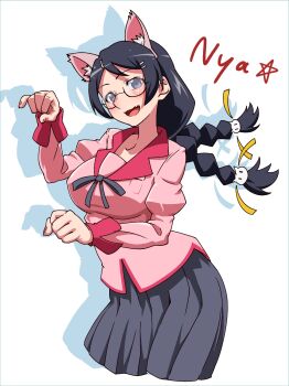 animal_ear_fluff animal_ear_hairband animal_ears blue_shirt blush braid breasts cat_ears collar collarbone commentary_request drop_shadow fake_animal_ears fang floating_hair glasses grey_eyes hair_ornament hairband hairpin hanekawa_tsubasa highres juliet_sleeves large_breasts long_sleeves looking_at_viewer monogatari_(series) multiple_hairpins naoetsu_high_school_uniform open_mouth parted_bangs paw_pose pleated_skirt puffy_sleeves purple_hair purple_ribbon purple_skirt red_collar red_trim ribbon risator romaji_text school_uniform shirt shirt_ribbon simple_background skin_fang skirt smile star_(symbol) twin_braids upper_body white_background