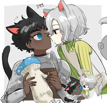 2boys animal_ears armor bags_under_eyes black_eyes black_hair blue_eyes border cat_boy cat_ears cat_tail chainmail chibi chibi_inset curly_hair dark-skinned_male dark_skin dungeon_meshi eggsand_daisuki elf face-to-face gorget grey_background grey_hair highres kabru kemonomimi_mode leather_armor long_sleeves male_focus mithrun multiple_boys notched_ear one_eye_closed pauldrons pointy_ears short_hair shoulder_armor simple_background single_pauldron sweatdrop tail tunic very_dark_skin walking_mushroom_(dungeon_meshi) white_border