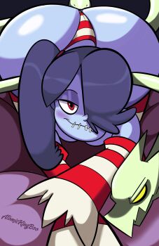 1girl absurdres ass atomickingboo blue_hair blue_skin blush colored_skin detached_sleeves drawfag facing_viewer hair_over_one_eye half-closed_eyes highres leviathan_(skullgirls) long_sleeves looking_at_viewer lying on_stomach panties red_eyes side_ponytail skullgirls smile solo squigly_(skullgirls) stitched_mouth stitches striped_sleeves top-down_bottom-up underwear wedgie