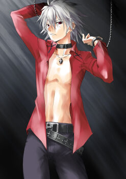 1boy bdsm belt belt_buckle bishounen bondage bound bound_wrists buckle chain chaos;head choker clenched_teeth collar collared_shirt cover cross cross_print earrings goth_fashion hair_between_eyes highres jacket jewelry leather_belt long_hair looking_at_viewer male_focus navel necklace open_clothes open_shirt pants pectorals phantasm purple_pants red_eyes red_jacket red_shirt robber-krzk ryo_(chaos;head) science_adventure shirt sideways_glance skull_necklace solo teeth white_hair
