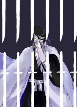 1boy bankai black_hair black_hakama black_kimono bleach bleach:_sennen_kessen-hen cloak floating floating_object floating_sword floating_weapon hair_between_eyes hakama hand_up haori highres japanese_clothes kimono kuchiki_byakuya looking_at_viewer mitu_hide43 obi purple_eyes sash senbonzakura_kageyoshi_(bankai) shihakusho solo sword taichou_haori tassel weapon white_haori white_sash