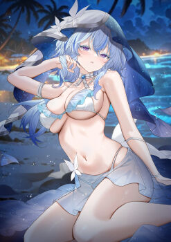 1girl absurdres bare_shoulders beach bikini blue_hair blue_sarong blue_sky blue_veil blurry blurry_background blush breasts colored_eyelashes commentary hair_between_eyes hand_up highres large_breasts long_hair looking_at_viewer navel night night_sky ocean outdoors parted_lips purple_eyes sarong shorekeeper_(wuthering_waves) sitting sky solo stomach swimsuit thighs two-tone_veil veil white_bikini white_veil wuthering_waves yokozuwari yukineko1018