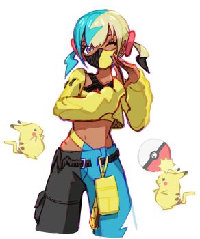 1girl belt black_belt blue_eyes canari_(pokemon) cropped_jacket eyelashes ffccll gen_1_pokemon hands_up highres jacket long_sleeves looking_at_viewer mask mouth_mask multicolored_hair nintendo one_eye_closed open_clothes open_jacket pants pikachu pokemon pokemon_(creature) pokemon_legends:_z-a short_twintails twintails white_background yellow_jacket