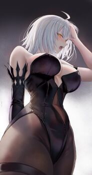 1girl ahoge alternate_costume arm_strap arm_up bare_shoulders black_leotard black_pantyhose blush breasts commentary_request fate/grand_order fate_(series) hand_on_own_head highleg highleg_leotard highres jeanne_d'arc_alter_(fate) large_breasts leotard looking_at_viewer open_mouth pantyhose penguintake short_hair solo white_hair yellow_eyes