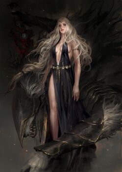 1boy 1girl armlet armor armored_animal backless_dress backless_outfit bare_arms bare_shoulders belt black_armor black_dress black_helmet blonde_hair breasts brother_and_sister circlet cleavage dress elden_ring fangs floating_hair furry furry_male gold_armlet gold_circlet golden_armlet greaves half-siblings helmet highres jewelry long_hair looking_at_viewer low-tied_long_hair low_ponytail maliketh_the_black_blade medium_breasts metal_belt plunging_neckline ponytail queen queen_marika_the_eternal sharp_teeth siblings side_slit sleeveless sleeveless_dress teeth thedurianart very_long_hair white_fur wolf yellow_eyes