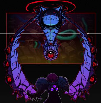 1girl arm_cannon armor blue_armor cable commentary creature english_commentary floating from_behind full_armor fusion_suit halo highres looking_up machinery mask mecha menacing_marsh metroid metroid_fusion monster multicolored_armor nightmare_(metroid) nintendo power_armor power_suit_(metroid) red_halo robot samus_aran science_fiction stitched_mouth stitches varia_suit weapon