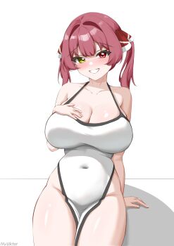 1girl blush breasts cleavage covered_navel curvy dress grin hand_on_own_chest heterochromia highres hololive houshou_marine large_breasts long_hair looking_at_viewer mrviktor red_eyes red_hair simple_background smile solo thighs twintails virtual_youtuber white_background white_dress yellow_eyes