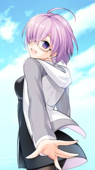 1girl 7dango7 black_dress blue_sky blush breasts brown_pantyhose dress fate/grand_order fate_(series) glasses grey_jacket hair_over_one_eye jacket large_breasts long_sleeves looking_at_viewer looking_back mash_kyrielight open_clothes open_jacket open_mouth pantyhose pink_hair purple_eyes short_hair sky smile solo