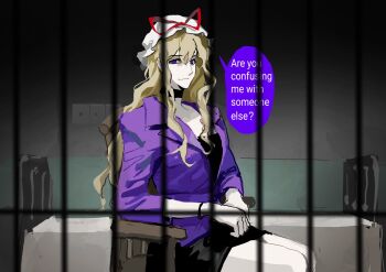 1girl bed black_shirt black_skirt blonde_hair bracelet butterfly_tattoo cardigan chair colored_speech_bubble cosplay english_text expressionless hat hat_ribbon highres indoors jewelry long_hair looking_at_viewer maria_(silent_hill) maria_(silent_hill)_(cosplay) mob_cap name_connection poxiao354 prison prison_cell purple_cardigan purple_eyes red_ribbon ribbon scene_reference shirt silent_hill_(series) silent_hill_2 sitting skirt solo source_quote speech_bubble tattoo touhou wooden_chair yakumo_yukari