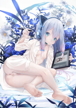 1girl absurdres animal_ear_headphones animal_ears anus artist_self-reference ass barefoot blouse blue_bow blue_eyes blue_hair blush bottomless bow breasts cat_ear_headphones cat_ears cleft_of_venus closed_mouth drawing_tablet eromanga_sensei fake_animal_ears fat_mons feet female_focus flower full_body hair_between_eyes hair_bow hair_ribbon hand_up headphones headset highres holding holding_stylus holding_tablet_pc izumi_sagiri jacket loli long_hair looking_at_viewer lying nipples no_shirt on_side open_clothes open_jacket open_shirt parted_bangs pussy pussy_juice ribbon see-through_clothes shirt small_breasts smile soles solo stylus tablet_pc thighs toes tress_ribbon uncensored underwear utatanecocoa white_jacket white_shirt