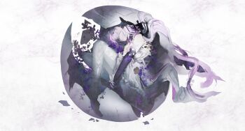 1girl absurdres bare_shoulders bow bug butterfly castorice_(honkai:_star_rail) crown egg flower hair_flower hair_ornament highres honkai:_star_rail honkai_(series) insect long_hair lying own_hands_together poursuu purple_hands ribbon whie_background white_bow white_hair