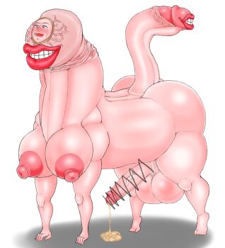 anatomical_nonsense bald big_nose blue_eyes body_horror breasts clenched_teeth colored_eyelashes convenient_censoring creature crying crying_with_eyes_open cum dark_areolae dorse guro highres horrified huge_nipples huge_penis large_areolae large_breasts large_testicles monster monster_girl monsterification penis penis_censored penis_out pig_nose pixiv queen&#039;s_stallion scared shocked_pupils stelladiaabyss tail tears teeth testicles thick_lips transformation veiny_face what white_background why wide_hips