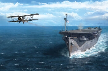 aircraft aircraft_carrier airplane biplane blue_sky cloud cloudy_sky day edouard_groult fairey_swordfish fish highres mast military_vehicle no_humans ocean original painterly propeller_fighter royal_navy scenery ship sky vehicle_focus warship watercraft waves world_war_ii