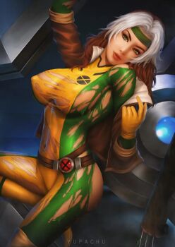 1girl anna_marie artist_name bodysuit boots breasts brown_hair claws cleavage gloves green_eyes headband jacket large_breasts looking_at_viewer marvel multicolored_hair rogue_(x-men) solo torn_bodysuit torn_clothes two-tone_hair wolverine_(x-men) x-men yupachu