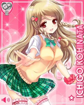 1girl :d bow bowtie braid breasts brown_hair card_(medium) cardigan character_name food food-themed_hair_ornament frilled_thighhighs frills fruit girlfriend_(kari) green_bow green_bowtie green_skirt hair_ornament kohinata_ichigo large_breasts long_hair looking_at_viewer miniskirt official_art open_mouth pink_background pink_scrunchie plaid_clothes plaid_skirt pleated_skirt qp:flapper red_eyes scrunchie shirt skirt smile solo strawberry_hair_ornament strawberry_ornament thighhighs thighs twin_braids white_shirt white_thighhighs wrist_scrunchie yellow_cardigan zettai_ryouiki