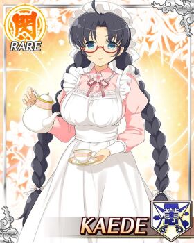 1girl ahoge alternate_costume apron black_hair blue_eyes border braid braided_twintails breasts card_(medium) cleavage cup dress english_text enmaided frilled_apron frills game_cg hat holding holding_cup holding_teapot kaede_(senran_kagura) large_breasts long_hair low_twintails maid maid_apron maid_headdress non-web_source official_alternate_costume official_art pink_dress puffy_sleeves red-framed_eyewear senran_kagura senran_kagura_new_wave smile solo teapot twintails waist_apron white_apron