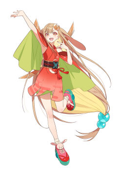 1girl :d animal_ears arm_up bare_shoulders brown_hair cho_kaguya-hime! crescent crescent_hair_ornament eyeshadow floppy_ears full_body hair_ornament highres japanese_clothes kaguya_(cho_kaguya-hime!) kimono long_hair looking_at_viewer lop_rabbit_ears low-tied_long_hair makeup obi official_art open_mouth orange_eyes pink_shoes rabbit_ears red_eyeshadow red_kimono red_ribbon ribbon sash second-party_source shoes simple_background smile sneakers solo standing standing_on_one_leg tachi-e tassel two-sided_sleeves v-shaped_eyebrows very_long_hair w white_background