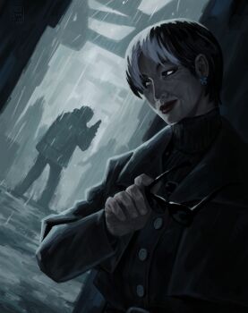 Rule 34 | 1boy, 1girl, ada wong, aegyo sal, aged up, black hair, black jacket, black shirt, dark, derzhavinart, dim lighting, dutch angle, gun, handgun, highres, holding, holding gun, holding removed eyewear, holding weapon, jacket, leon s. kennedy, looking to the side, mature female, multicolored hair, outdoors, people, rain, red lips, resident evil, resident evil requiem, shirt, short hair, sidelighting, smirk, streaked hair, turtleneck, unworn eyewear, weapon, white streaks, wrinkled skin