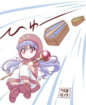 1girl boots brown_boots closed_mouth coffin commentary_request death dragon_quest dragon_quest_ii floating_hair full_body hebobox highres holding holding_staff knees_up light_blush long_hair long_sleeves motion_lines pink_hood prince_of_lorasia prince_of_samantoria princess_of_moonbrook purple_hair red_eyes robe signature staff white_robe