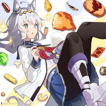 1girl ahoge animal_ears black_pantyhose blue_eyes blue_sailor_collar blue_skirt blush boots bowl breasts brooch carrot chopsticks commentary_request croissant croquette dark_hound_3 ear_ornament food grey_hair grey_tail hair_between_eyes hair_ornament hairband highres horse_ears horse_girl horse_tail jacket jewelry long_hair long_sleeves medium_breasts midriff_peek multicolored_hair mushroom navel neckerchief oguri_cap_(starlight_beat)_(umamusume) oguri_cap_(umamusume) open_clothes open_jacket pantyhose parted_lips pleated_skirt red_neckerchief rice_bowl sailor_collar sausage shirt shrimp skirt solo star_brooch tail tofu umamusume white_boots white_jacket white_shirt