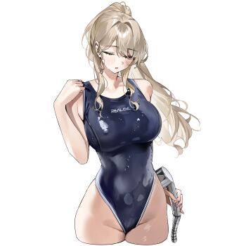 1girl absurdres black_one-piece_swimsuit blonde_hair breasts clothes_writing competition_swimsuit cowboy_shot faceless faceless_male highleg highleg_one-piece_swimsuit highres holding holding_shower_head large_breasts long_hair murabana44 one-piece_swimsuit original ponytail shower_head simple_background solo swimsuit wavy_hair wet wet_clothes wet_swimsuit white_background