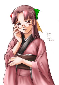 1girl 95-tan :d brown_eyes brown_hair exif_thumbnail_surprise female_focus glasses half_updo head_tilt japanese_clothes kimono long_hair long_sleeves looking_at_viewer open_mouth os-tan simple_background sketch smile solo standing traditional_clothes upper_body white_background wide_sleeves