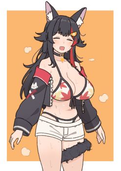 1girl animal_ears bikini black_collar black_hair breasts collar commentary_request cowboy_shot elel185 front-tie_bikini_top front-tie_top highres hololive large_breasts leaf_print long_hair lowleg lowleg_shorts multicolored_hair navel off-shoulder_jacket off_shoulder ookami_mio red_hair sagging_breasts short_shorts shorts solo steaming_body strap_gap streaked_hair sweat swimsuit tail tail_around_own_leg two-tone_hair virtual_youtuber white_background wolf_ears wolf_girl wolf_tail
