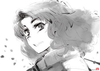 Rule 34 | 1girl, amagami, clenched teeth, commentary request, curly hair, greyscale, looking at viewer, medium hair, messy hair, mike156, monochrome, parted bangs, portrait, signature, simple background, sketch, solo, tanamachi kaoru, teeth, wavy hair, white background