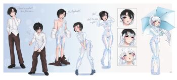 1boy 1girl absurdres ayaka_(genshin_impact) black_hair black_shoes blush bodysuit brown_eyes brown_pants character_transformation closed_eyes constricted_pupils covered_navel english_text genderswap genderswap_(mtf) genshin_impact gradient_background grey_eyes heart heart-shaped_pupils highres latex long_hair moonshystar multicolored_hair nipples original pants penis ponytail see-through_clothes sequential shirt shoes symbol-shaped_pupils transformation turn_pale two-tone_hair very_long_hair white_bodysuit white_hair white_shirt wide-eyed