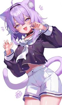 1girl :d ahoge animal_collar animal_ears black_collar black_hairband buttons cat_ears cat_girl cat_tail claw_pose collar commentary cropped_shirt crossed_bangs double-breasted double-parted_bangs english_commentary fang hair_between_eyes hairband hands_up highres hololive long_sleeves looking_at_viewer midriff neckerchief nekomata_okayu nekomata_okayu_(school_uniform) official_alternate_costume open_mouth purple_eyes purple_hair raora_panthera_(artist) sailor_collar sailor_shirt shirt short_shorts shorts skin_fang sleeve_cuffs smile solo tail virtual_youtuber white_neckerchief white_sailor_collar white_shorts