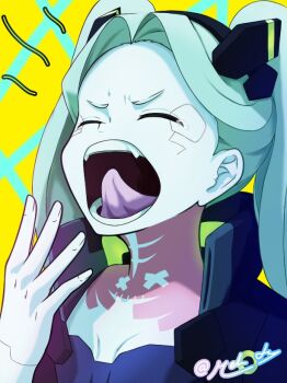 1girl aqua_hair aqua_skin artist_name blue_bra blue_jacket bra breasts close-up closed_eyes colored_skin cyberpunk:_edgerunners cyberpunk_(series) cyborg fangs forehead hairband hand_up jacket meh_jy neck_tattoo open_clothes open_jacket open_mouth patterned_background rebecca_(cyberpunk) short_eyebrows small_breasts solo tattoo tearing_up teeth tongue twintails underwear yawning yellow_background