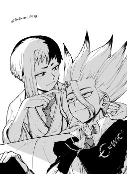 2boys asagiri_gen cape closed_mouth collared_shirt dr._stone e=mc2_(equation) greyscale hair_between_eyes hand_up highres ishigami_senkuu looking_at_another male_focus monochrome multicolored_hair multiple_boys necktie school_uniform shirt short_hair simple_background smile spiked_hair tatara_5738 two-tone_hair white_background