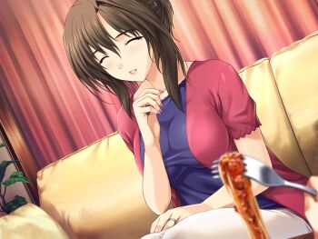 1girl blurry blush breasts brown_hair choukou_(alicesoft) choukou_tenshi_escalayer closed_eyes couch dutch_angle food fork game_cg jewelry kiritani_ryouko large_breasts large_variant_set lipstick makeup mature_female nail_polish non-web_source official_art onigirikun pasta pink_nails pov ring sitting smile solo solo_focus spaghetti variant_set wedding_ring