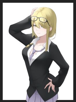 Rule 34 | 1girl, absurdres, aged down, black jacket, blonde hair, braid, breasts, cleavage, collarbone, digimon, digimon story: time stranger, eyewear on head, grey neckerchief, grey skirt, hand on own hip, hashtag-only commentary, highres, jacket, kuremi kyouko, medium breasts, miniskirt, neckerchief, pleated skirt, shirt, side braid, simple background, skirt, solo, white background, white shirt, yellow eyes, zigma s